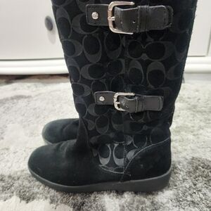 COACH Signature Boots Sz 8 Q1357 Black Canvas CC Logo Mid-Calf Suede Fleece Line